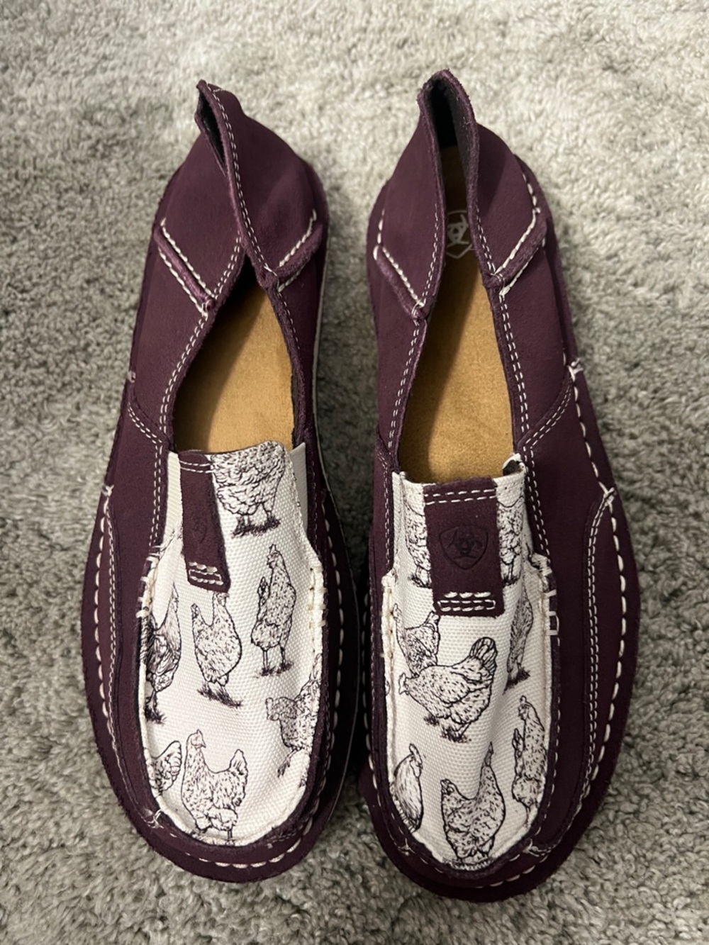 Ariat Plum Slip-On Loafers with Chicken-Print Canvas